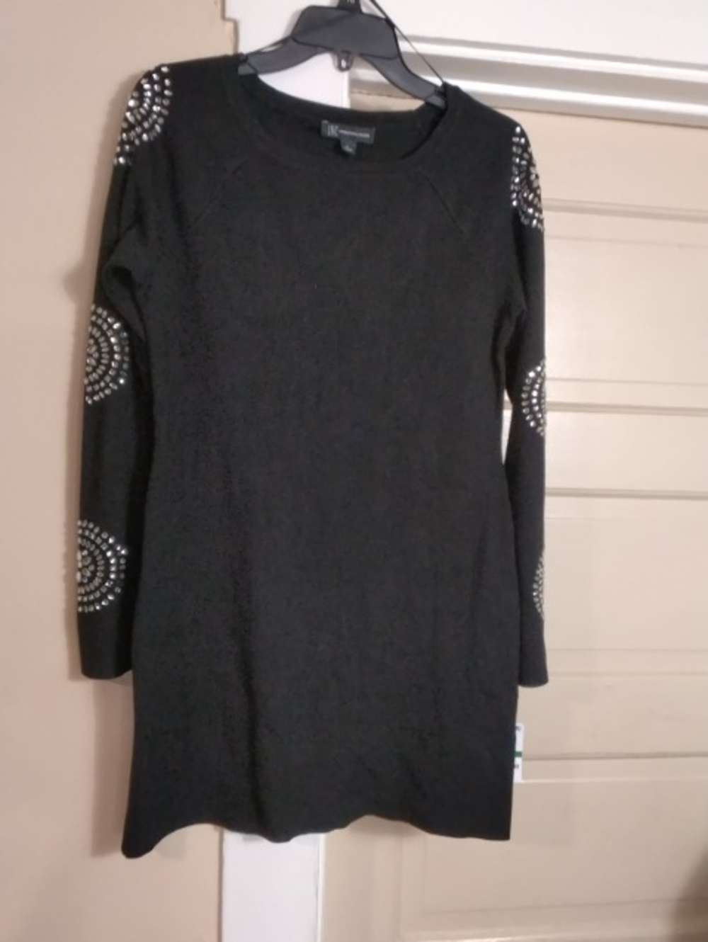 Embellished Black Long Sleeve Sweater Dress